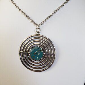 EUC. Long Silver Tone Necklace with Round Pendant